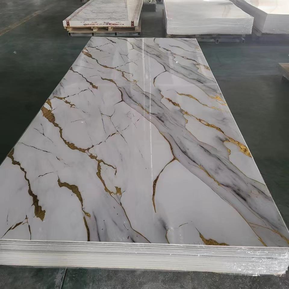 UV-Resistant Waterproof Marble-Effect PVC Wall Panels with Gold Lines for Interior Decoration